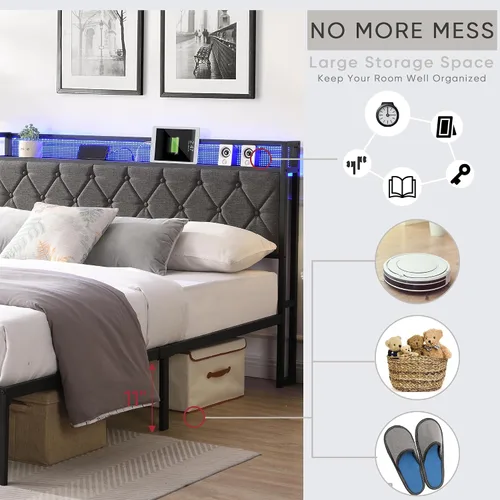Vista 8 de Full Bed Frame Metal, Charging Station and Led Lights, Upholstered Platform Bed with Heavy Metal Slats, No Box Spring Needed, Noise Free, Easy