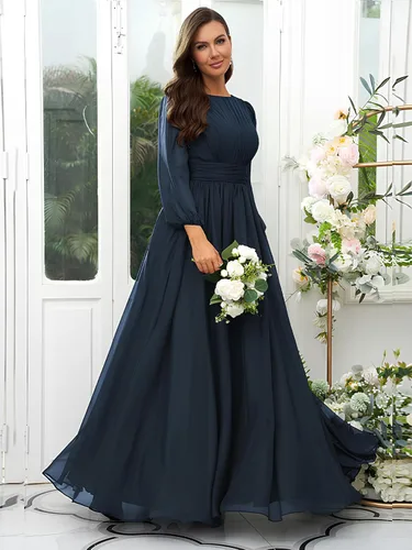 Vista 2 de BMFFDO Vestidos de dama de honor de gasa de manga larga para mujer con mangas, vestidos formales de noche
