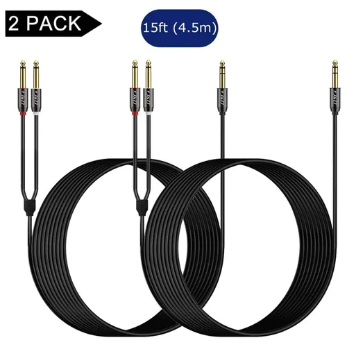 Vista 7 de J&D Cable de inserción estéreo TRS en Y de 1/4 de pulgada, (paquete de 2) carcasa de cobre chapada en oro de 0.250 in 1/4 de pulgada TRS macho a