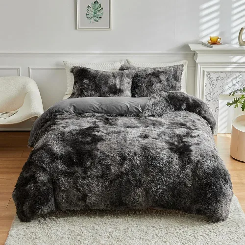Vista 10 de Wajade Juego de edredón de felpa de pelo sintético teñido anudado negro, juego de ropa de cama mullido y peludo, juego de edredón de microfibra