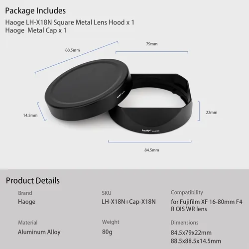 Vista 7 de Haoge LH-X18N Bayoneta Square Metal Lens Hood para Fujifilm Fuji XF 0.630-3.150 in F4 R OIS WR, Fujinon XF16-55mmF2.8 R LM WR II Pantalla de lente