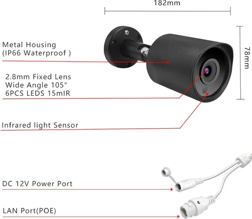 Vista 3 de 5MP PoE IP Bullet Cámara de seguridad con lente de 0.1 in (negro)