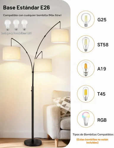 Vista 4 de OUTON Lámpara de pie LED de arco, lámpara de pie alta moderna negra de 3 luces para dormitorio, 2400lm lámparas de esquina de pie ajustables