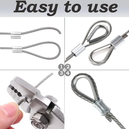 Vista 3 de Cable de acero inoxidable de 1/8 de pulgada de 100 pies – Cuerda de alambre de avión de hebra 7x7 con funda de bucle y dedal – Resistente