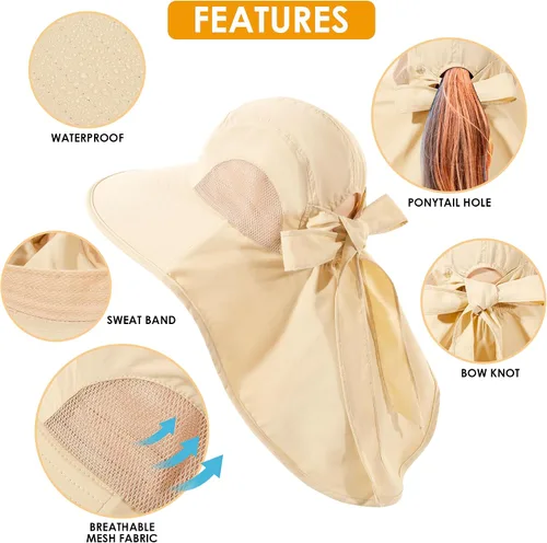 Vista 6 de Sombrero de mujer con protección UV, plegable, impermeable, de ala ancha, tipo cubo, con solapa para el cuello para verano, playa, pesca, senderismo