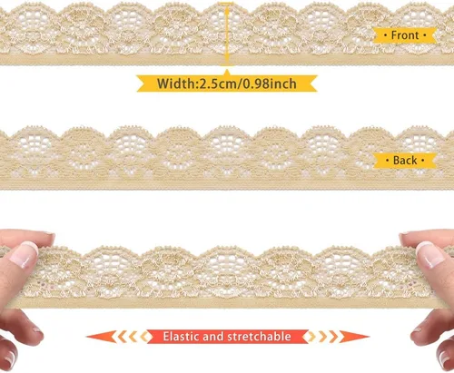 Vista 2 de SEMINI Cinta elástica de encaje de 1 pulgada de ancho para costura, manualidades, boda, fiesta, decoración, ropa (beige)