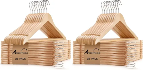 Vista 15 de Amber Home Perchas de madera maciza para trajes, paquete de 30 perchas de madera con acabado negro liso con barra antideslizante para pantalones