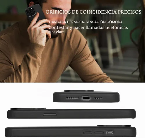 Vista 7 de Funda de cuero genuino para iPhone 13 Pro, cuero de grano completo, compatible con MagSafe y carga inalámbrica, bisel de la cámara con botones Negro