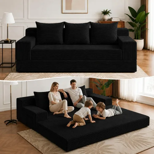 Vista 11 de Sofá cama convertible 2 en 1 sin hueso, sofá cama futón de pana, sofá plegable de compresión, sofá cama con 3 almohadas para dormitorio, sala