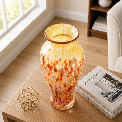 Vista 5 de Jarrón de vidrio soplado a mano de 11.8 pulgadas de alto, hermoso jarrón de boca ancha para centro de mesa, floreros pintados de vidrio de Murano