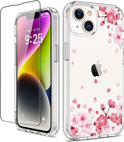 Vista 8 de Funda para iPhone 14 Pro con protector de pantalla, 6.1 pulgadas, transparente de cuerpo completo, a prueba de golpes, diseño floral, para niñas