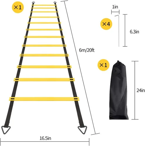 Vista 5 de Juego de 1/2/4 escaleras, 12 peldaños de agilidad, escalera de entrenamiento con estacas de acero y bolsa de transporte para fútbol, entrenamiento