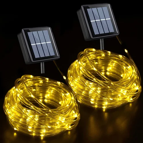 Vista 14 de QITONG Paquete de 2 luces solares verdes, cada cadena de 100 luces LED de 33 pies para exteriores, 8 modos de luces de hadas en tubo de PVC