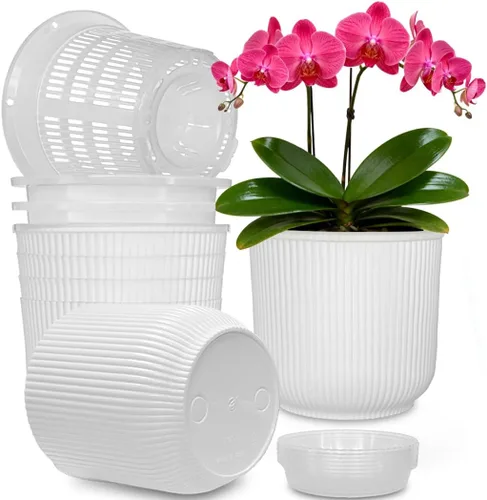 Vista 8 de MUZHI Juego de 4 macetas de orquídeas de doble capa para trasplantar 5.4 pulgadas, macetas de orquídeas ranuradas de malla transparente