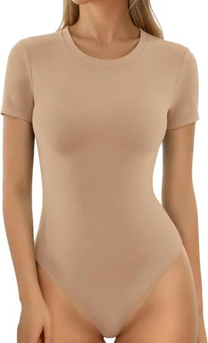 Vista 22 de MANGOPOP - Body de cuello redondo para mujer, manga corta y manga larga, camisetas ajustadas y básicas A1 Manga Corta Negro
