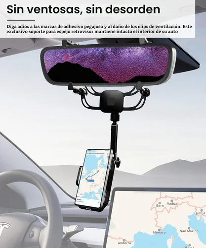 Vista 2 de Soporte para teléfono con espejo retrovisor – Soporte de teléfono de coche con brazo de metal sólido, ajuste universal para iPhone y Android, clip