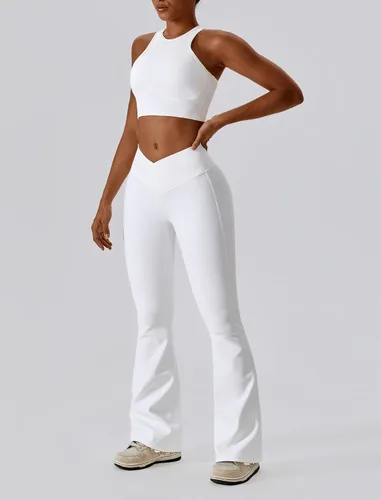 Vista 5 de ABOCIW Leggings cruzados acanalados para mujer, corte de bota, cintura alta, pantalones de yoga con control de abdomen, pantalones de trabajo