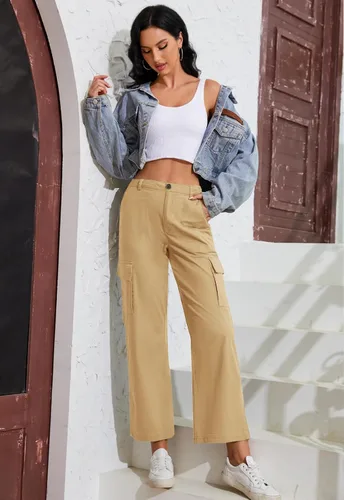 Vista 5 de Rasutina Women Petite Cargo Pants High Waisted Pants with 6 Pockets Wide Leg Trousers