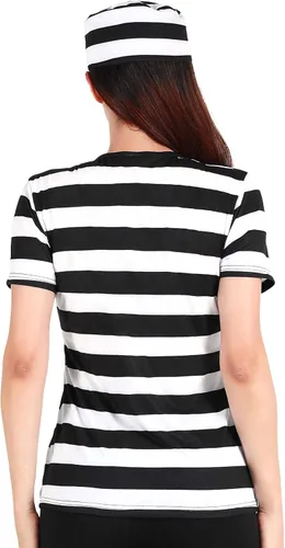 Vista 2 de Funny World Disfraz de prisionero para mujer, camisetas a rayas con sombrero
