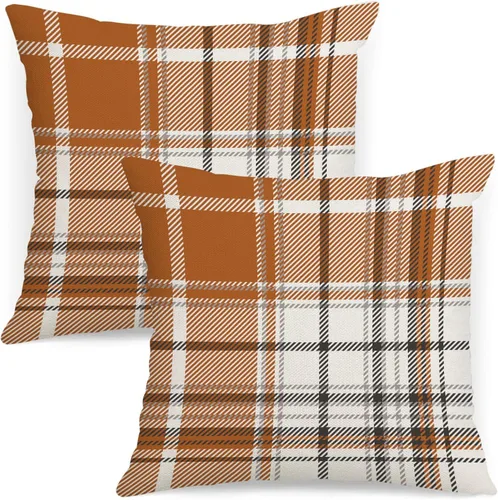 Vista 9 de AOFANGGO - Juego de 2 fundas de almohada de otoño decorativas de 16x16 pulgadas. Fundas de almohada de cuadros naranja y gris, cojines de lino