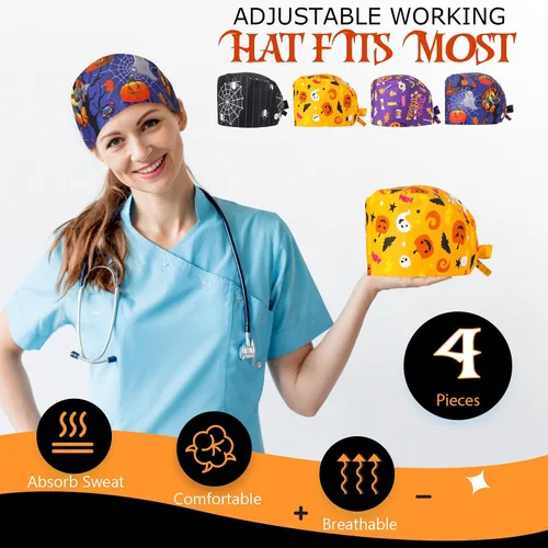 Vista 6 de Xtinmee Juego de 8 piezas de gorro de trabajo ajustable y máscara facial para enfermera, 4 sombreros bouffant con botón, 4 fantasmas, calabaza