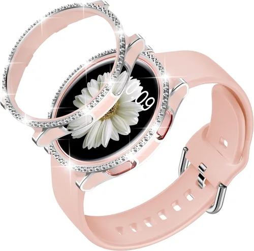 Vista 8 de DABAOZA Compatible con Samsung Galaxy Watch 4 5 Banda de 1.575 y 1.732 pulgadas con funda de parachoques con purpurina, correa ajustable suave y oro