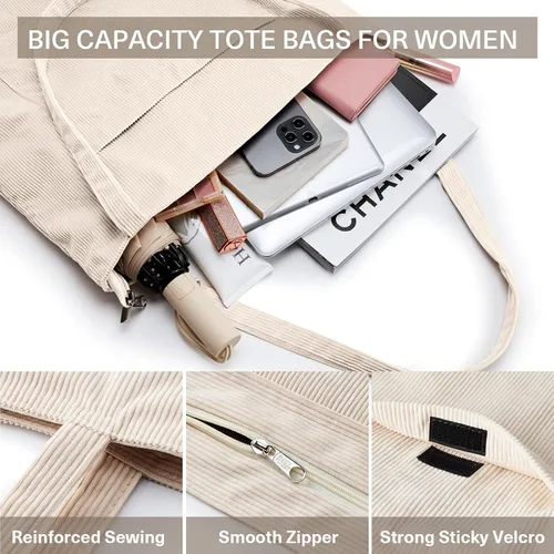 Vista 5 de KALIDI Bolso de mano de pana para mujer, bolso de hombro grande con bolsillo con cremallera, bolso Hobo casual de gran capacidad, bolsa de trabajo