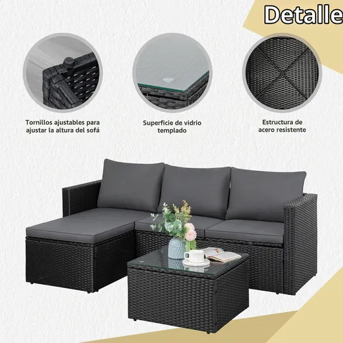 Vista 4 de JAMFLY Juego de sofá seccional de 3 piezas para exteriores con mesa de centro de cristal, muebles de mimbre de polietileno para todo tipo de clima