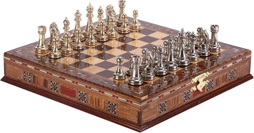 Vista 2 de Juego de ajedrez clásico hecho a mano y tablero de ajedrez de madera maciza natural con diseño de perlas alrededor de la tabla y almacenamiento