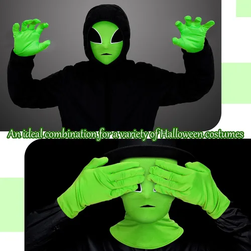 Vista 6 de Juego de guantes de disfraz de alienígena unisex de Halloween, máscara de cara completa, guantes clásicos largos de elastano, accesorios de disfraz