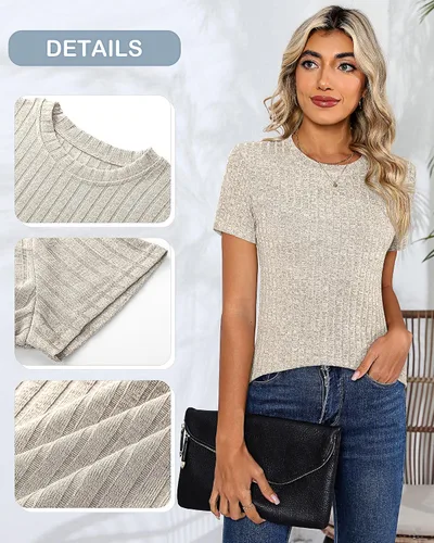 Vista 5 de Ficerd Paquete de 3 camisetas de punto para mujer, manga corta, cuello redondo, estilo casual, ajuste holgado, camisetas básicas acanaladas
