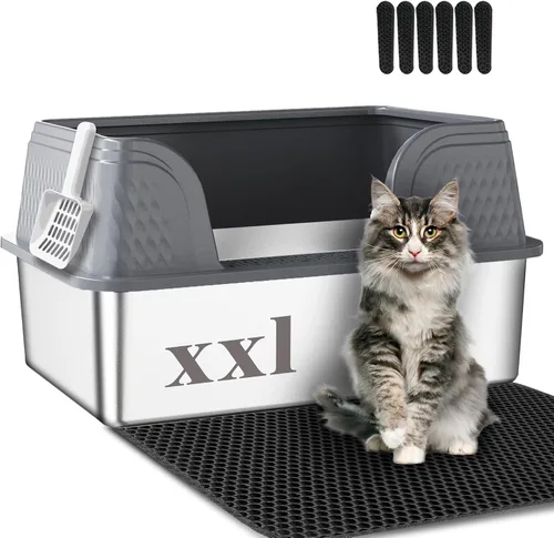 Vista 8 de Suhaco Caja extra grande de arena para gatos de acero inoxidable con tapa XXL Cajas de arena para gatos con lados altos incluidas Alfombrilla