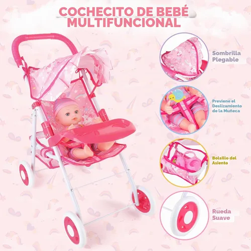 Vista 3 de deAO Juego de cochecito de muñeca de bebé de 12 pulgadas con cochecito de muñeca plegable, 15 piezas, accesorios para muñecas de bebé para niños