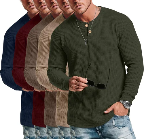 Vista 8 de Ficerd Paquete de 5 camisas de manga larga para hombre Waffle Henley