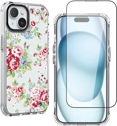 Vista 14 de Feitenn Funda para iPhone 15, policarbonato transparente + TPU suave a prueba de golpes, diseño de flores Beatuy con protector de pantalla de vidrio