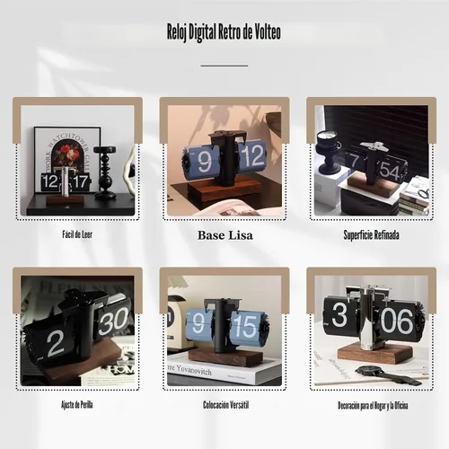 Vista 2 de VBESTLIFE Reloj digital retro abatible, funciona con batería, reloj de engranajes internos, mecánico clásico, base de nogal negro, para decoración