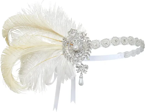Vista 5 de BABEYOND Diadema de plumas vintage de los años 20, accesorios para el cabello de Gatsby con perla