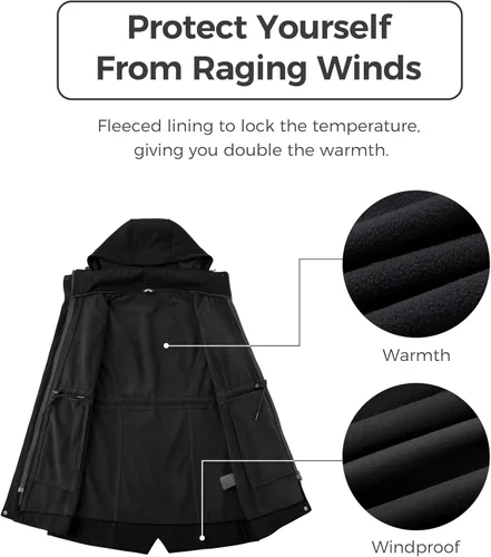 Vista 3 de wantdo Chaqueta larga Softshell con capucha para mujer, chaqueta cortavientos con forro polar