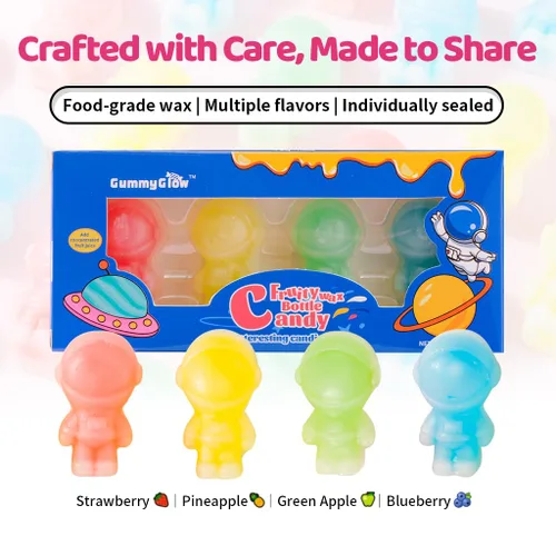 Vista 3 de Gummy Glow Astronaut Wax Candy, botellas de cera retro de 4 sabores (4 cajas) tratamiento nostálgico (fruta mixta (4 sabores))