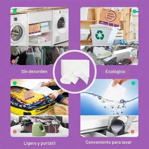 Vista 6 de Hojas de detergente para ropa, 200 tiras de jabón de lavanda - Sin envase de plástico, portátil para viajes, suministros de lavado sin líquido