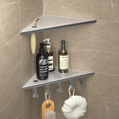 Vista 6 de Estantes de ducha con ganchos, estante esquinero de baño de acero inoxidable 304 para pared de azulejos (cepillado, 10 pulgadas)