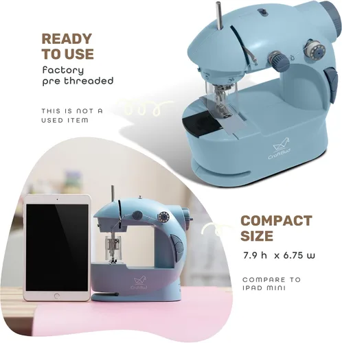 Vista 4 de CraftBud Mini máquina de coser para principiantes, máquina de coser portátil de doble velocidad para niños y adultos con mesa de extensión, juego