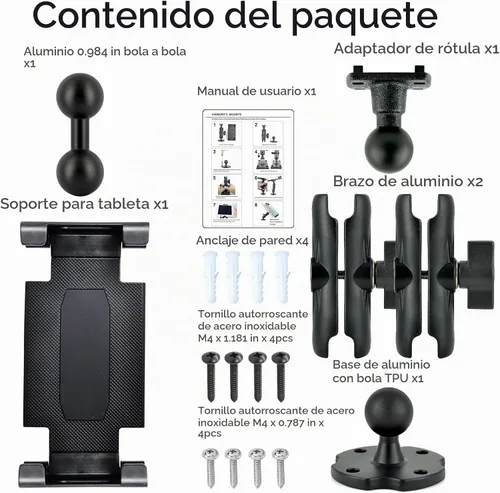 Vista 5 de VAUBORTTI Soporte de aluminio resistente para tablet de doble brazo con base de taladro de rotación de 360° de 4 puntos, se adapta a tabletas de 6.5