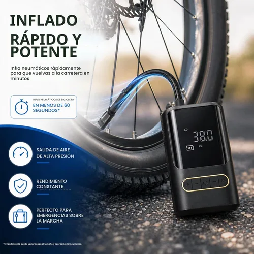 Vista 3 de Compresor de aire portátil para bicicleta: mini bomba eléctrica para neumáticos con apagado automático, compatible con múltiples válvulas, inflador