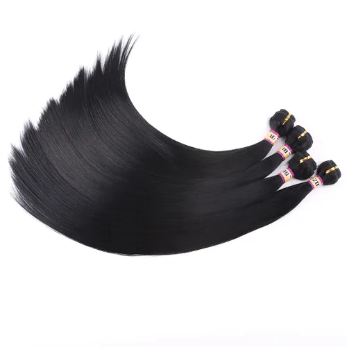 Vista 5 de 4 paquetes de cabello sintético sedoso y liso, 4 paquetes de 16, 18, 18, 20 pulgadas, extensiones de cabello de fibra de doble trama color negro