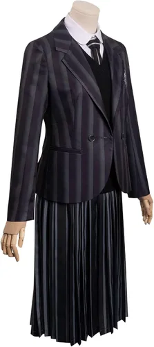 Vista 4 de Loesoul Kids Wednesday Dress Addams Cosplay Costume Wednesday Addams Uniform Dress Shirt Coat Outfit Halloween Suit