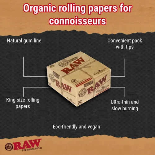Vista 4 de RAW CONNOISSEUR tamaño King SIze - Papel de liar de cáñamo orgánico sin refinar y consejos, 1 caja