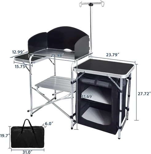Vista 3 de CampLand Mesa de cocina plegable para acampar con parabrisas, estación de cocina portátil al aire libre con armario de almacenamiento y mesas Negro