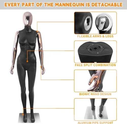 Vista 2 de Maniquí femenino negro con forma de vestido de cuerpo completo de 70 pulgadas, maniquíes ajustables, modelo de vestido de plástico, soporte de negro