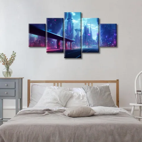 Vista 216 de Cuadros de 5 paneles de Cyberpunk City, arte de pared, representación de vallas publicitarias, edificios modernos en la capital con obras de arte